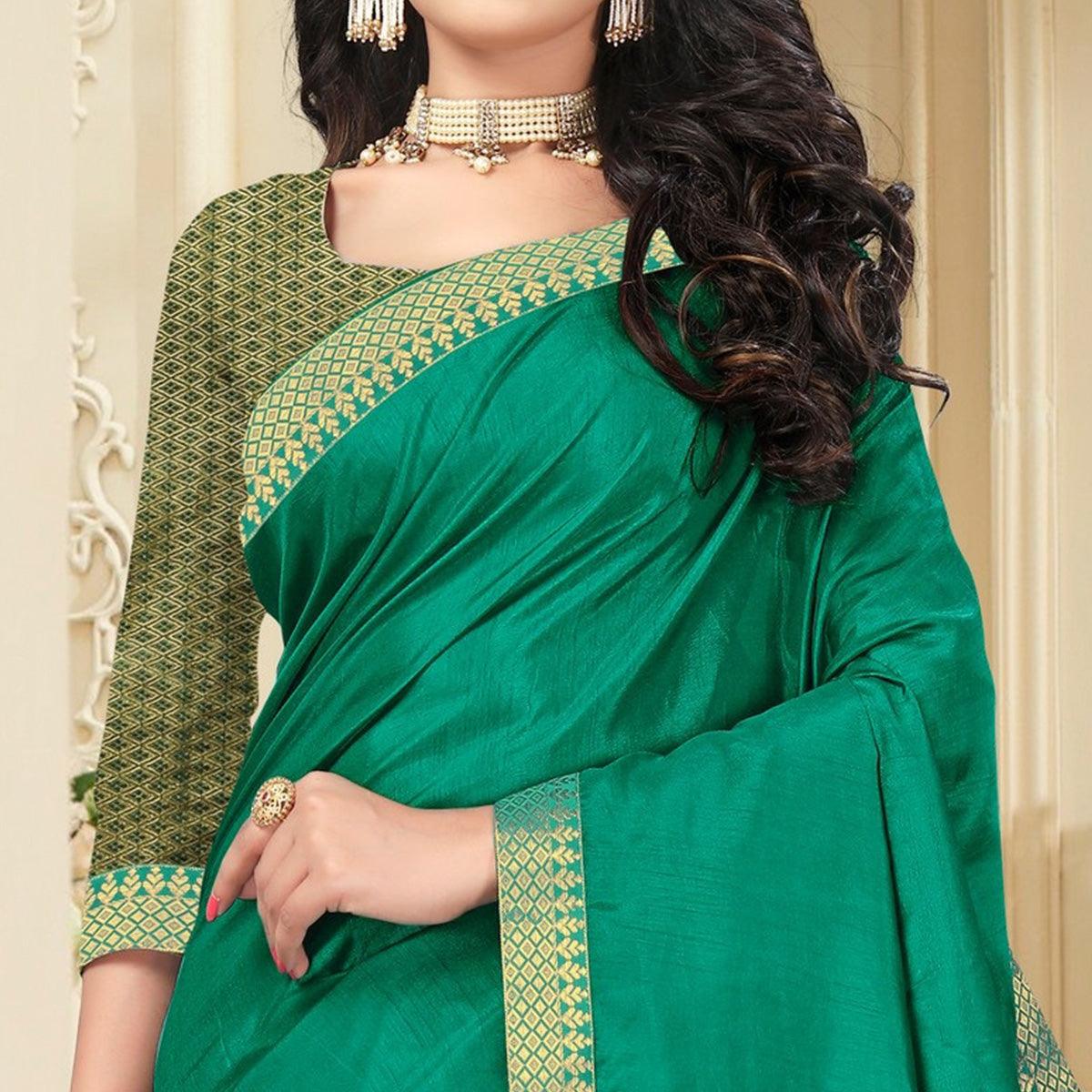 Green Embellished With Embroidered Vichitra Silk Saree - Peachmode