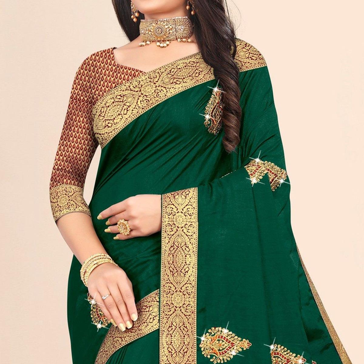 Green Embellished With Embroidered Vichitra Silk Saree - Peachmode