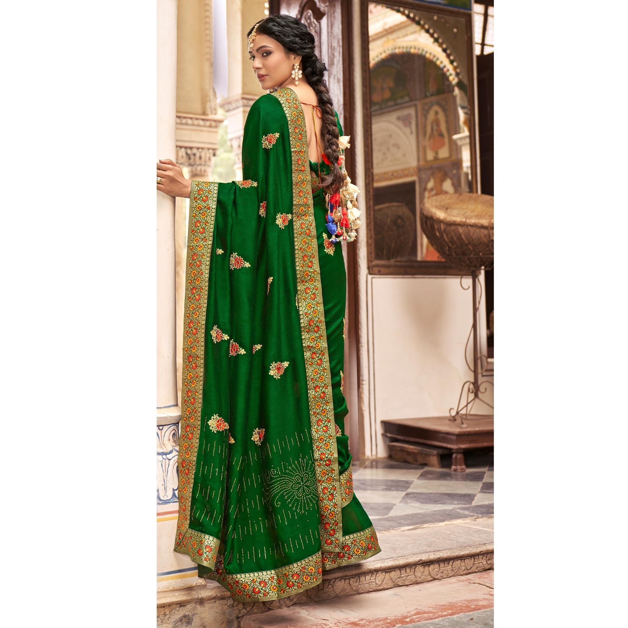 Green Embellished With Embroidered Vichitra Silk Saree - Peachmode