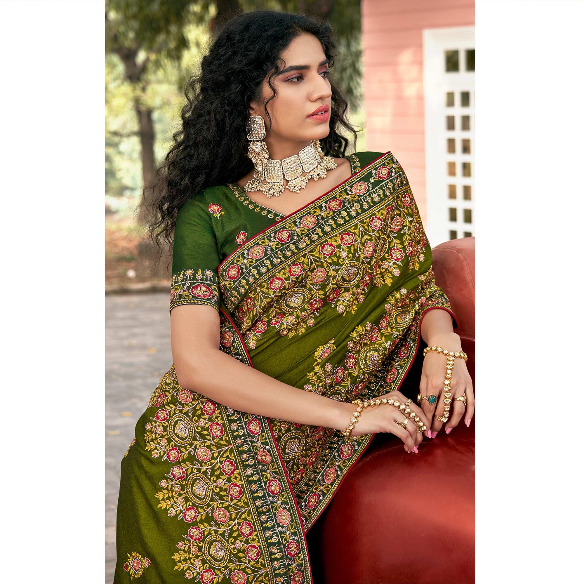 Green Embellished With Embroidered Vichitra Silk Saree - Peachmode