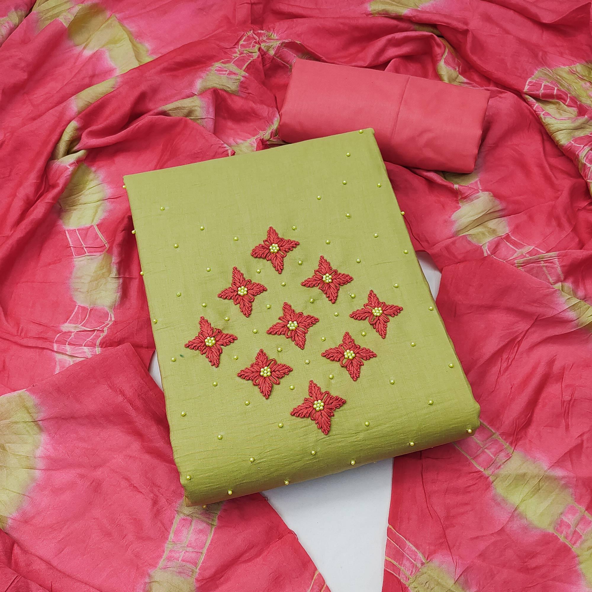 Green Embroidered Art Silk Dress Material - Peachmode