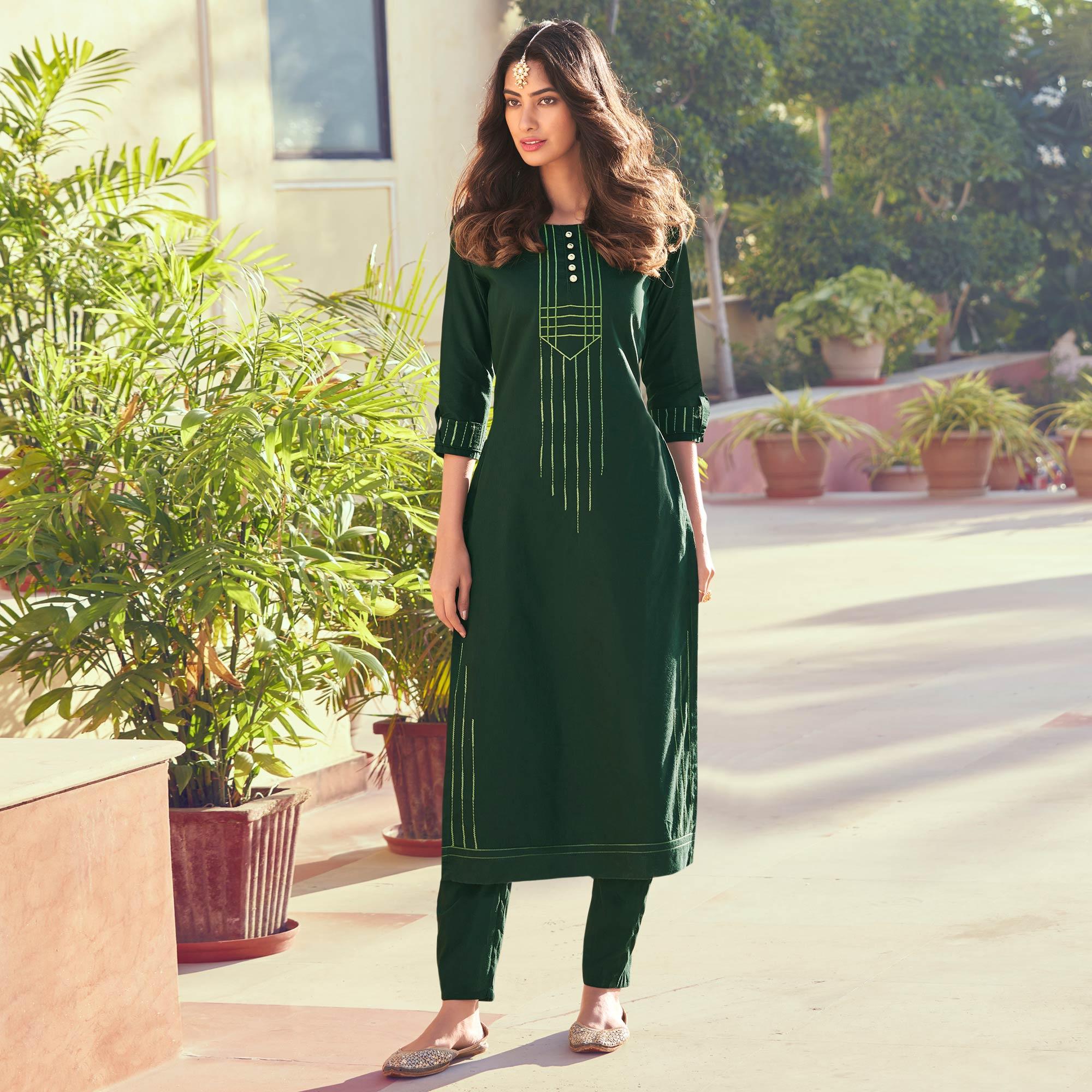 Green Embroidered Art Silk Kurti Pant Set - Peachmode