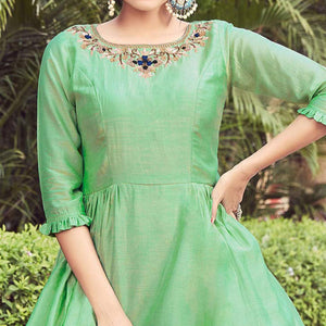 Green Embroidered Art Silk Kurti With Dhoti Set - Peachmode