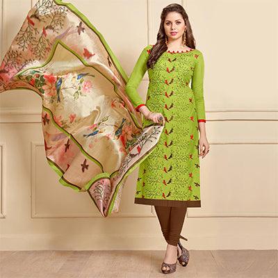 Green Embroidered Art Silk Salwar Suit - Peachmode
