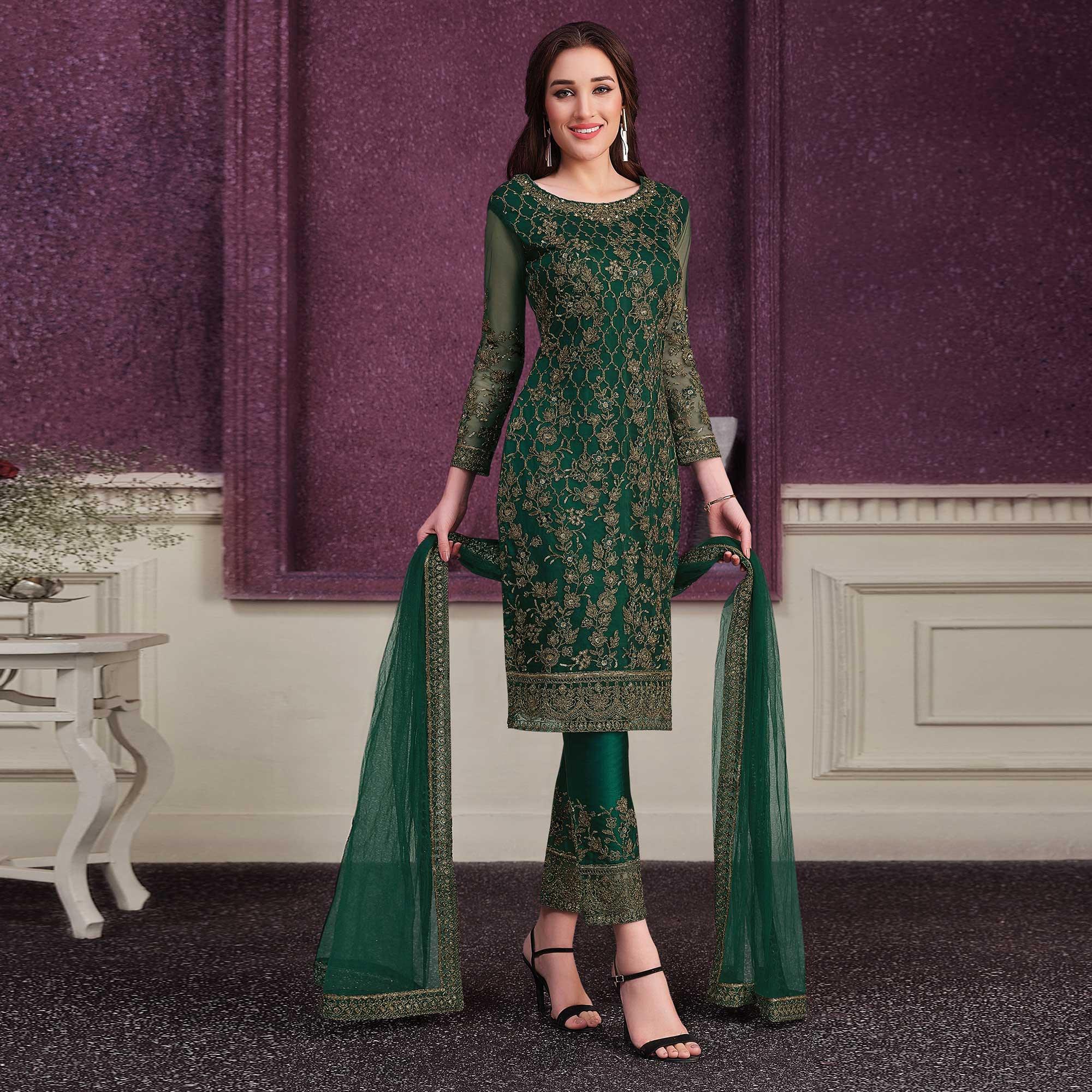 Green Embroidered Butterfly Net Partywear Suit - Peachmode