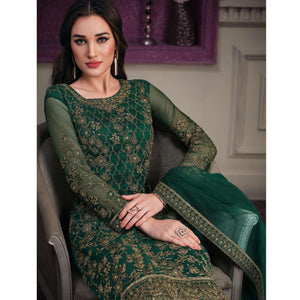 Green Embroidered Butterfly Net Partywear Suit - Peachmode