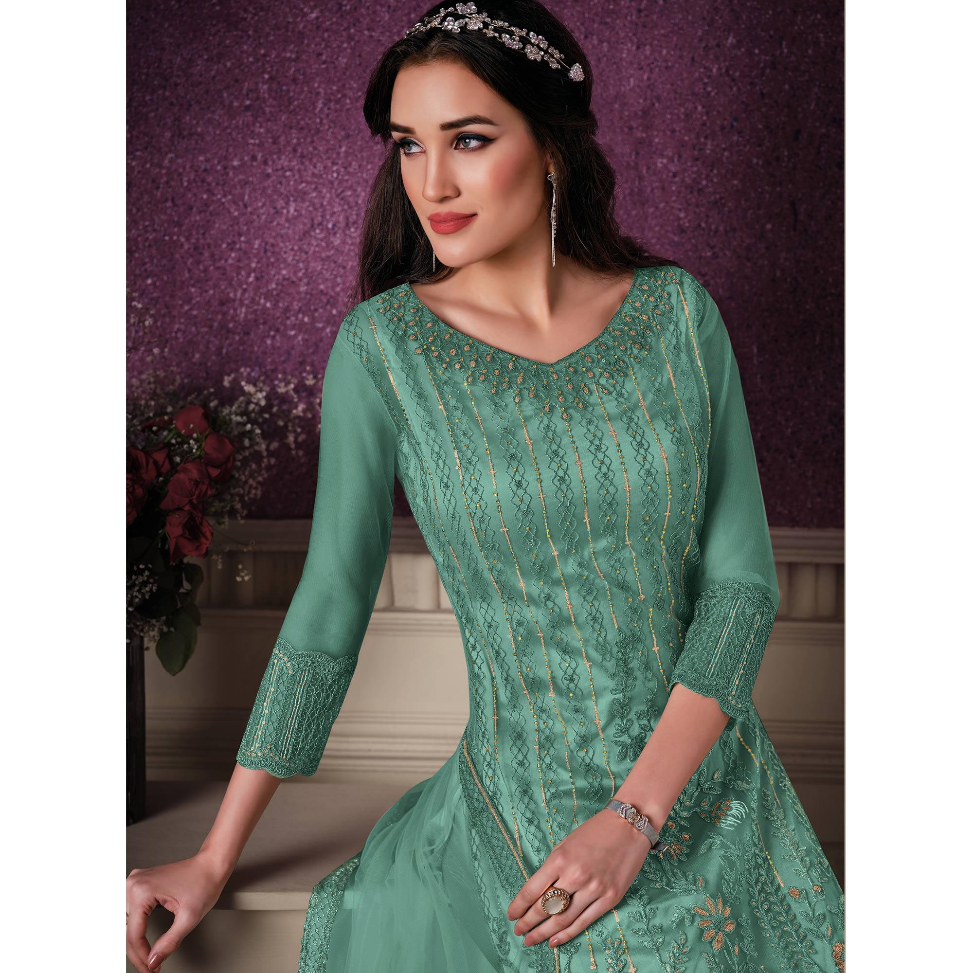 Green Embroidered Butterfly Net Partywear Suit - Peachmode