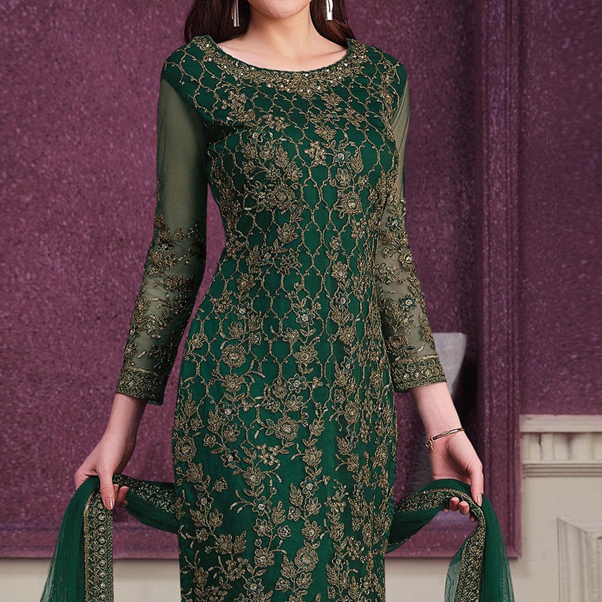 Green Embroidered Butterfly Net Partywear Suit - Peachmode