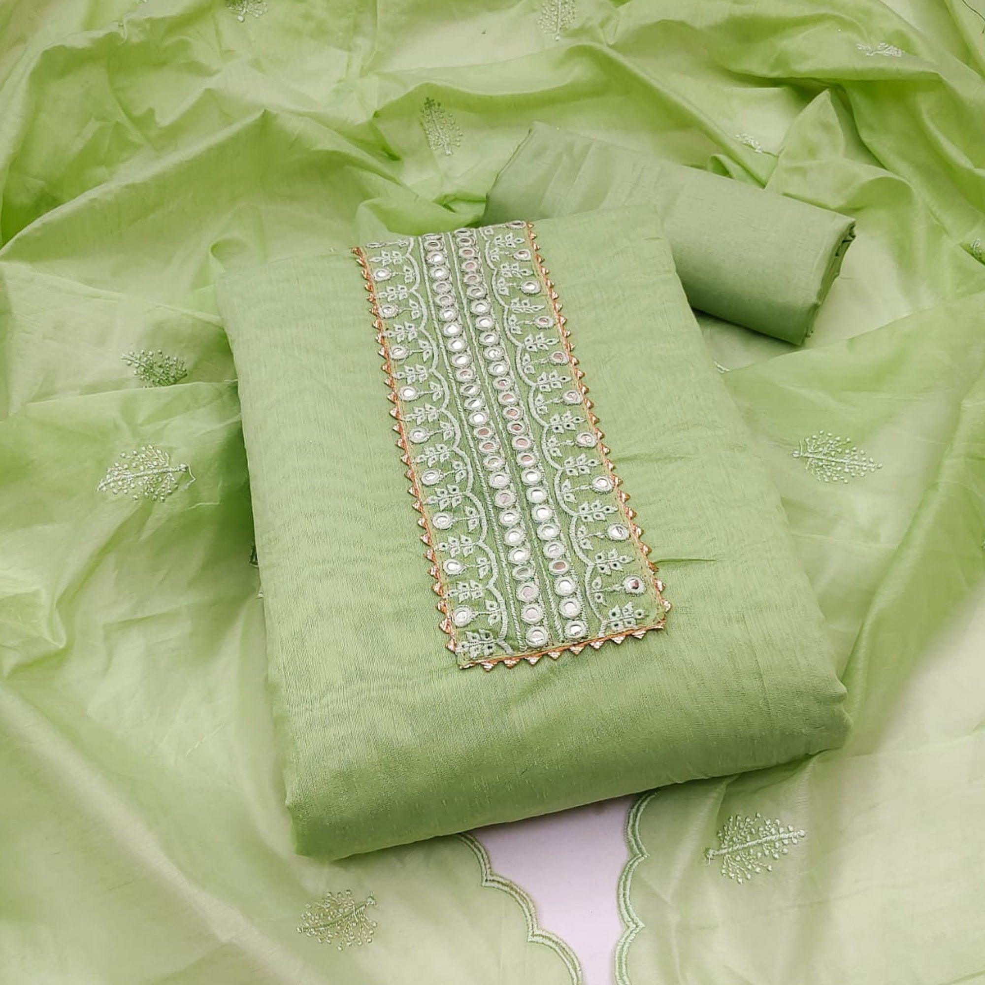 Green Embroidered Chanderi Dress Material - Peachmode