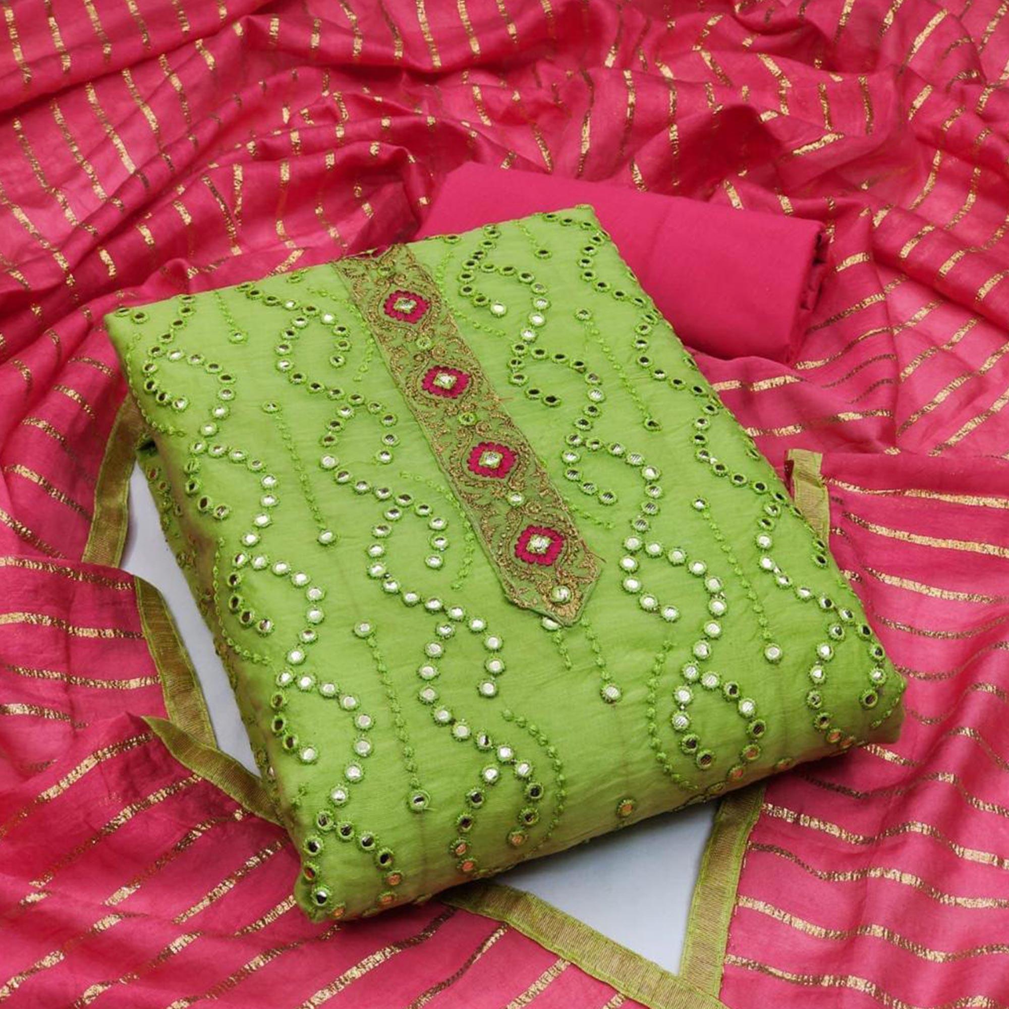 Green Embroidered Chanderi Dress Material - Peachmode