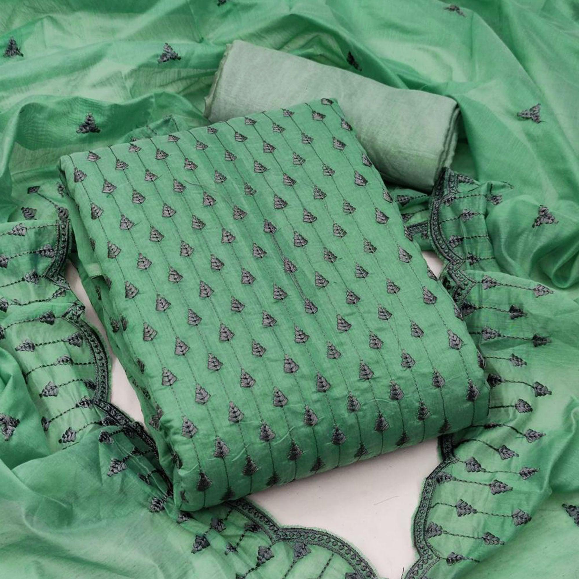 Green Embroidered Chanderi Dress Material - Peachmode