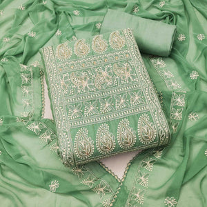 Green Embroidered Chanderi Dress Material - Peachmode