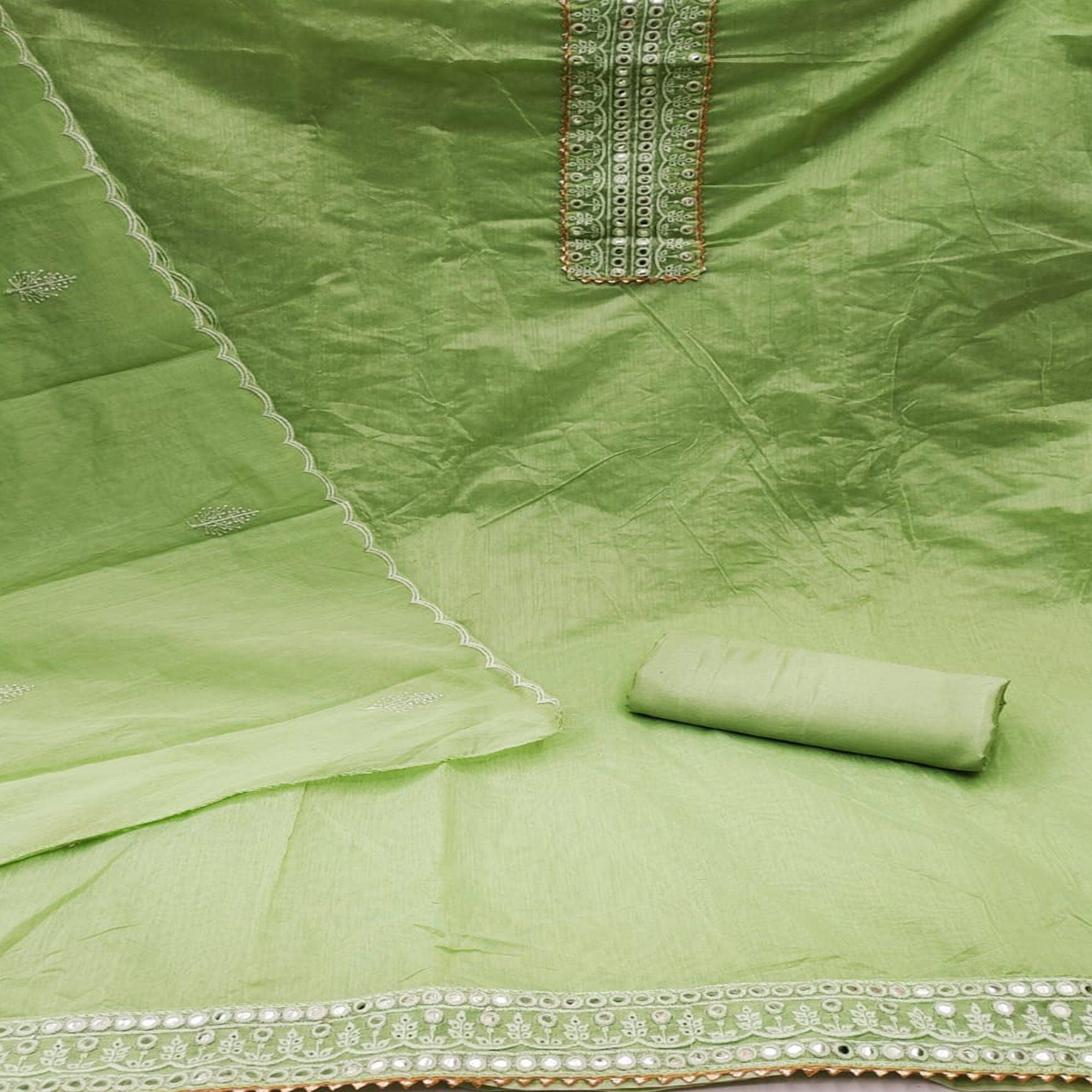 Green Embroidered Chanderi Dress Material - Peachmode