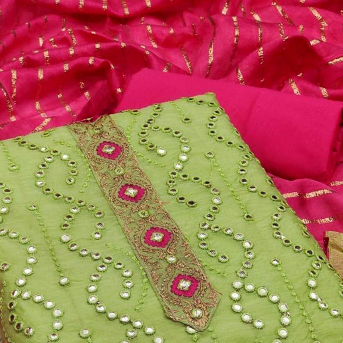 Green Embroidered Chanderi Dress Material - Peachmode
