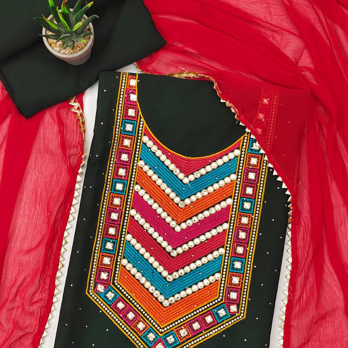 Green Embroidered Chanderi Dress Material - Peachmode