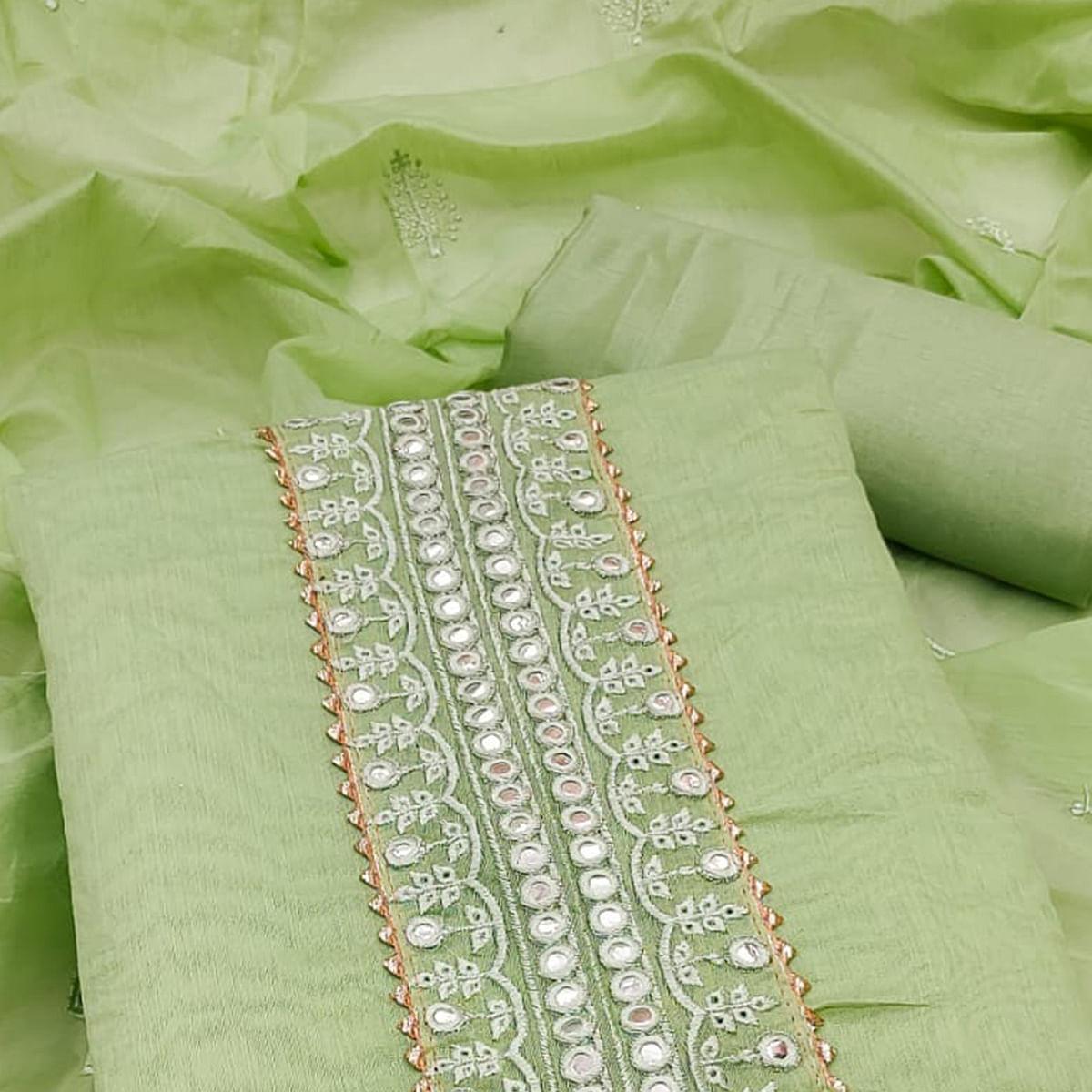 Green Embroidered Chanderi Dress Material - Peachmode