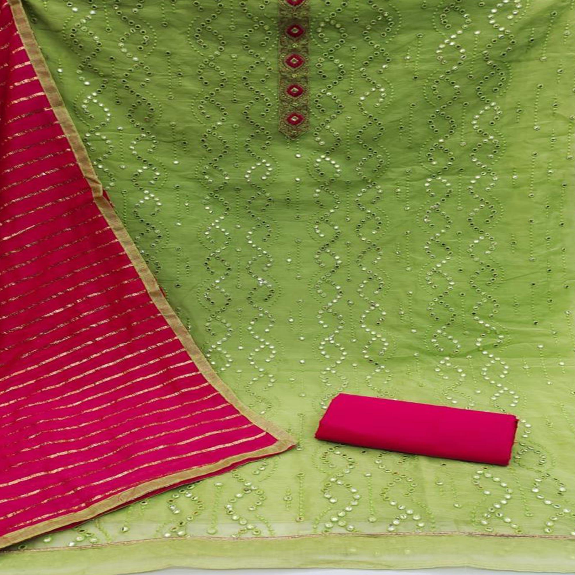 Green Embroidered Chanderi Dress Material - Peachmode