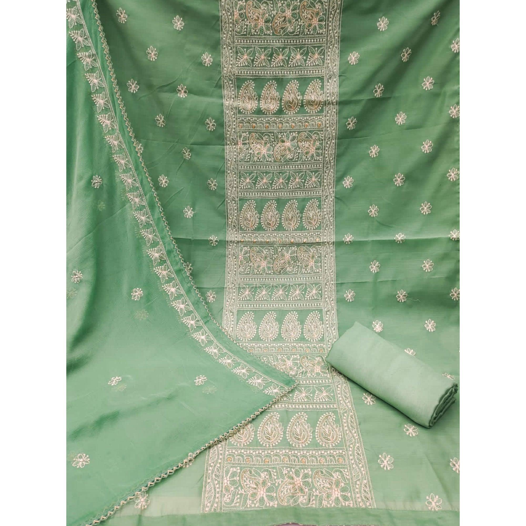 Green Embroidered Chanderi Dress Material - Peachmode