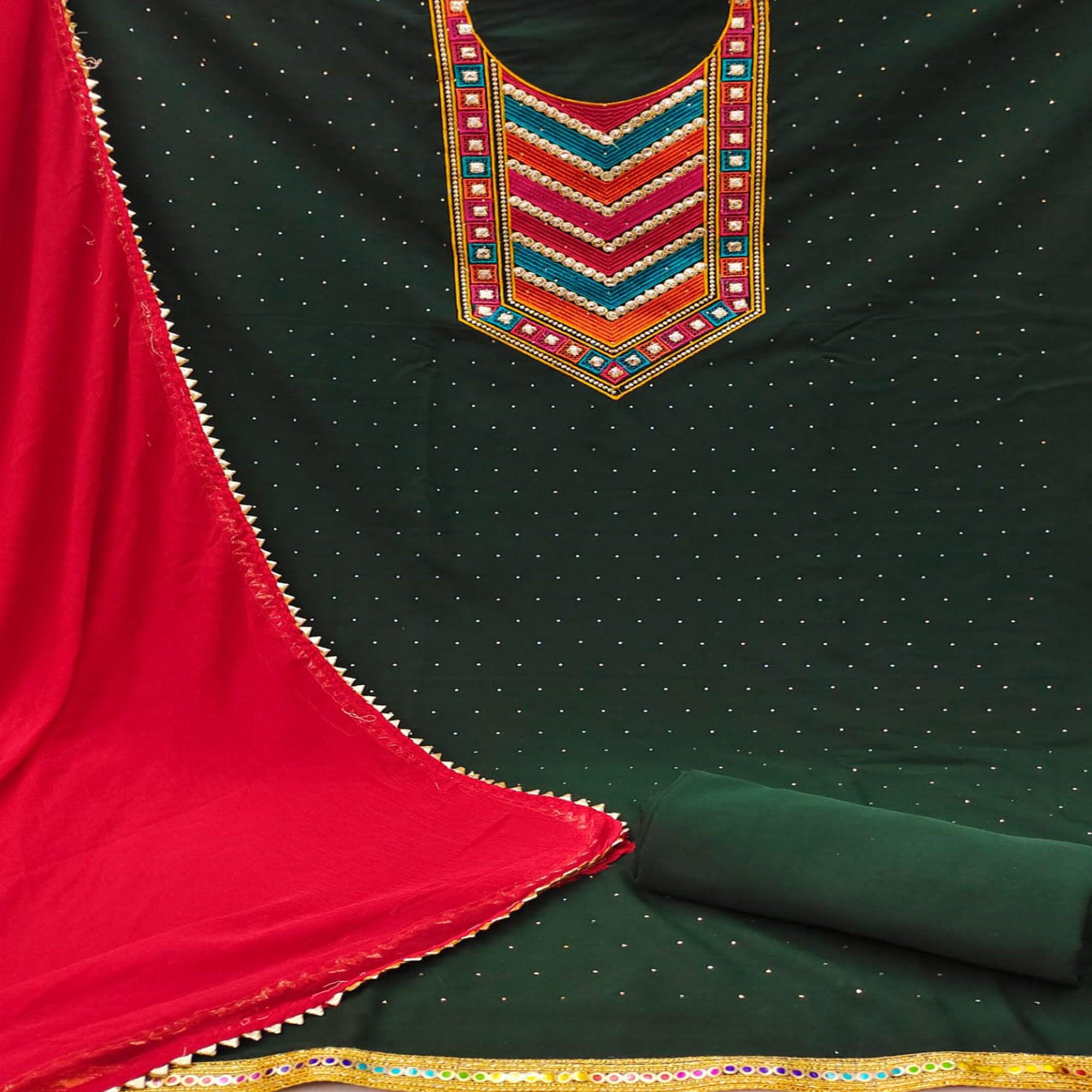 Green Embroidered Chanderi Dress Material - Peachmode