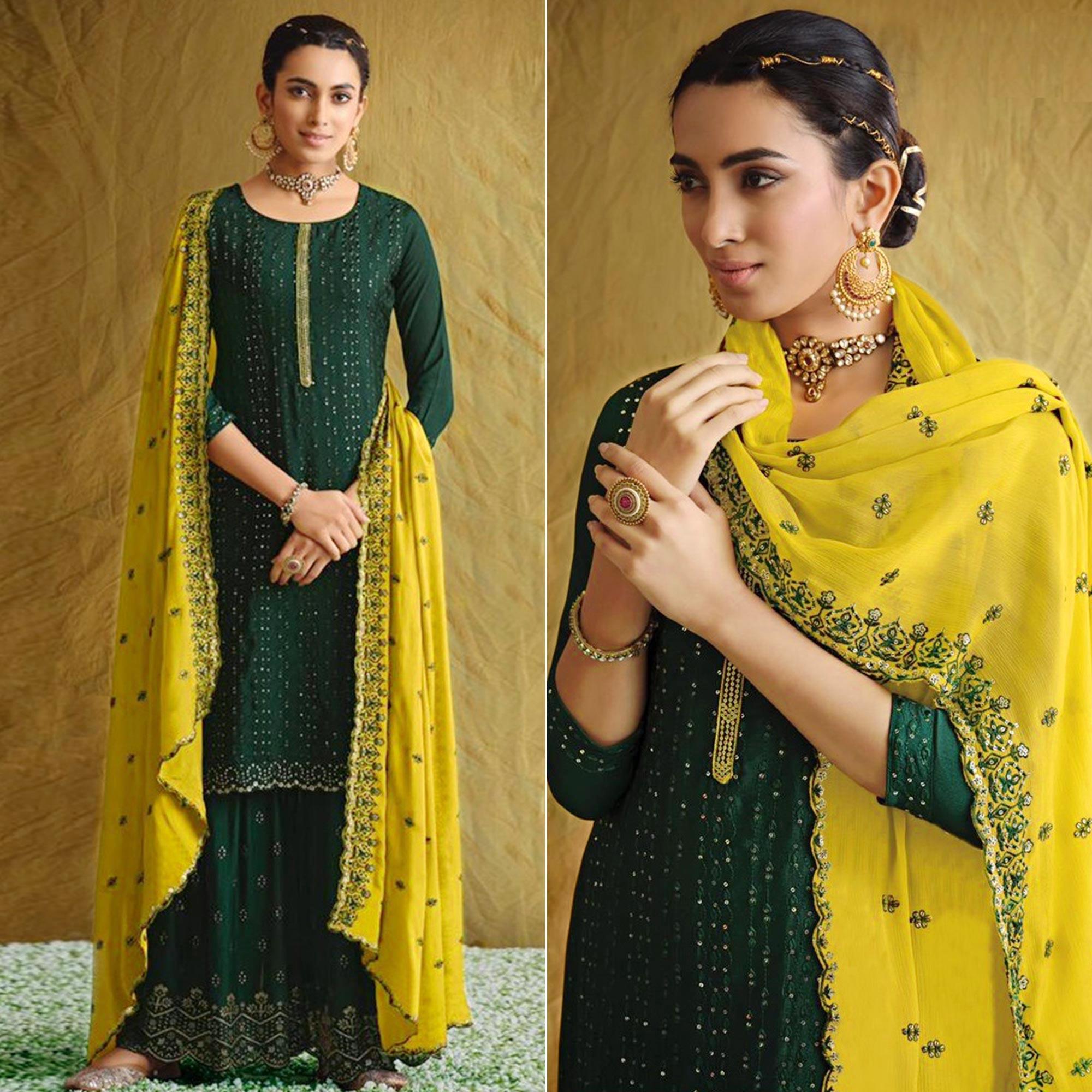 Green Embroidered Chiffon Palazzo Suit - Peachmode