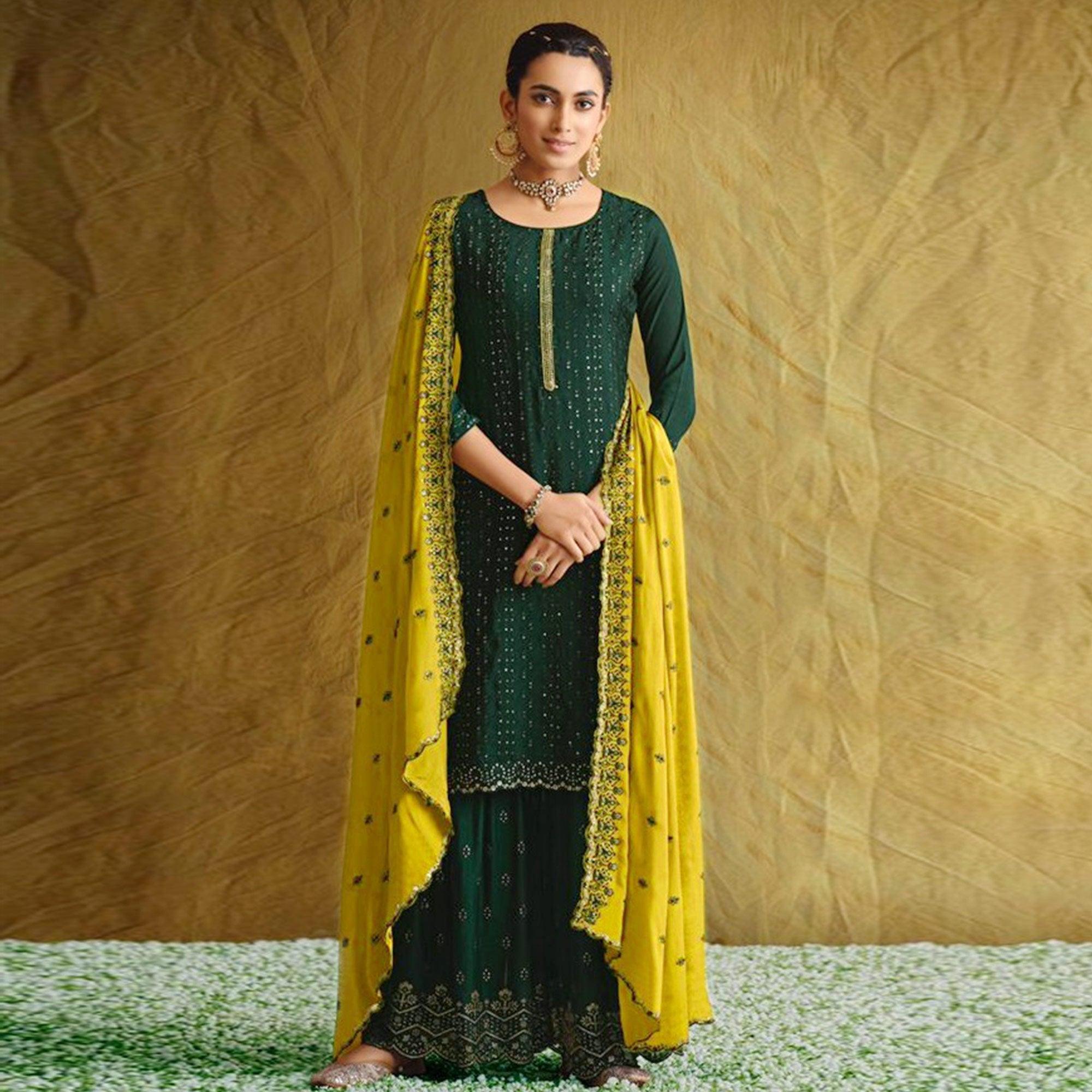 Green Embroidered Chiffon Palazzo Suit - Peachmode