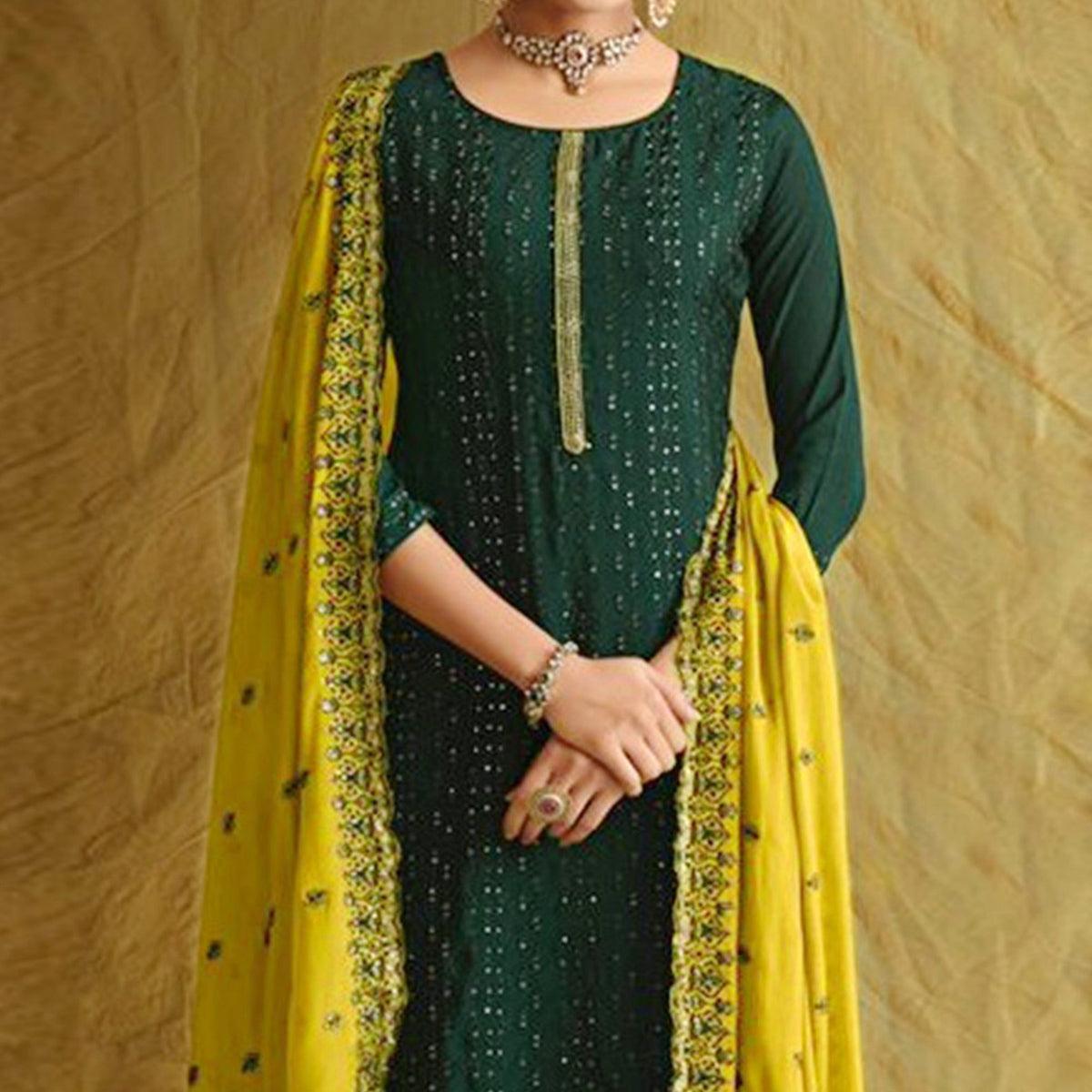 Green Embroidered Chiffon Palazzo Suit - Peachmode