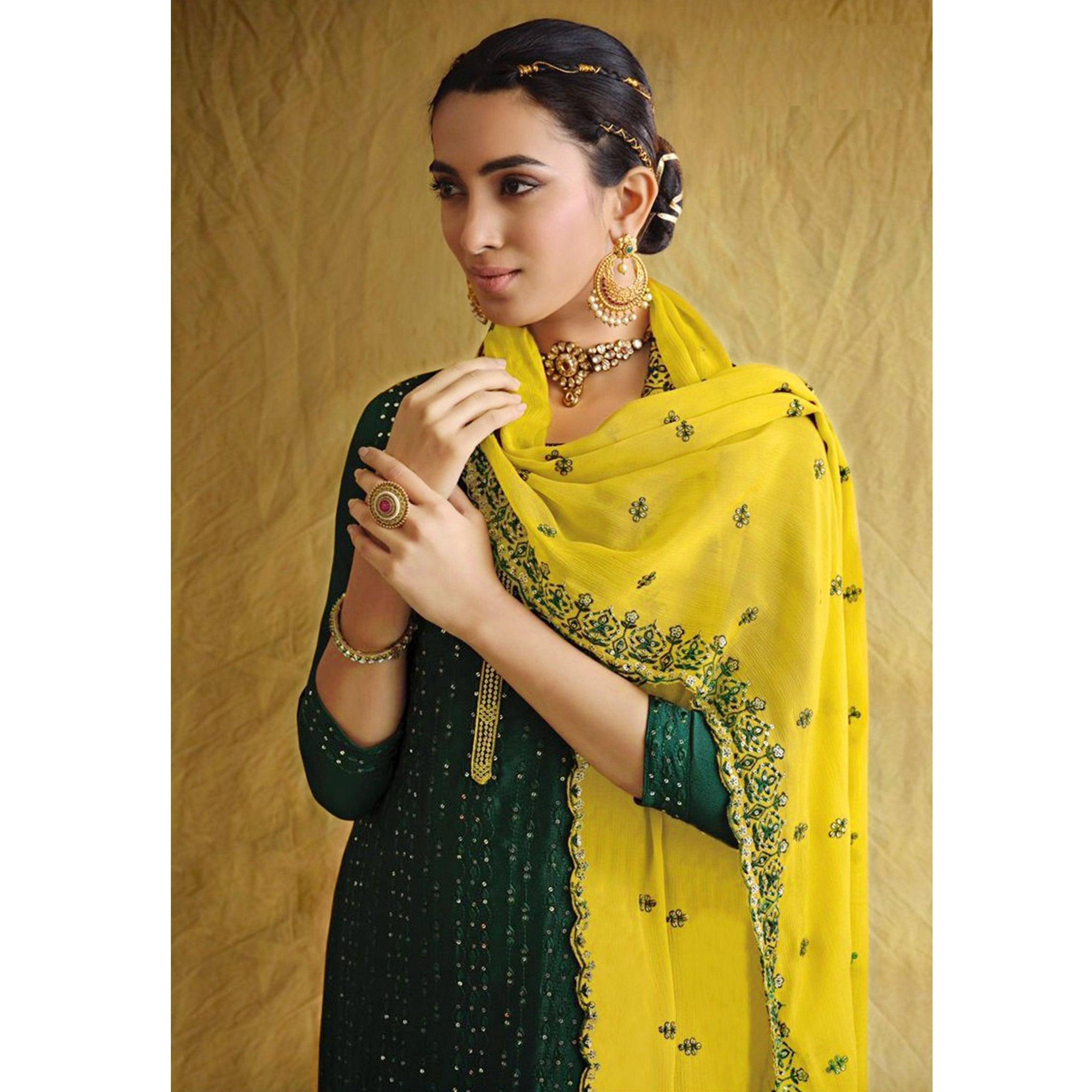 Green Embroidered Chiffon Palazzo Suit - Peachmode