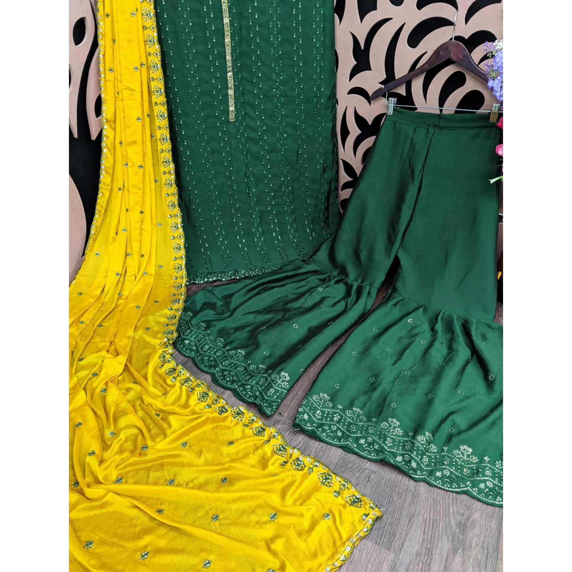 Green Embroidered Chiffon Palazzo Suit - Peachmode