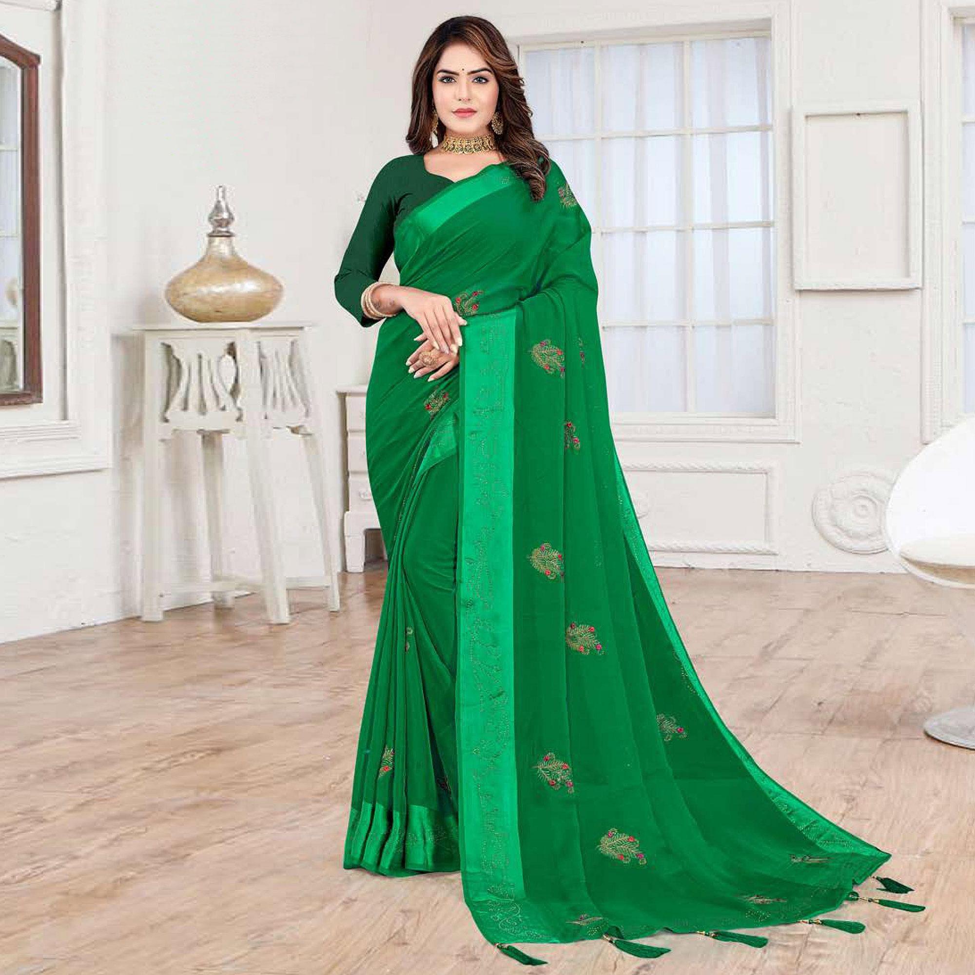 Green Embroidered Chiffon Saree - Peachmode