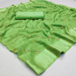 Green Embroidered Chiffon Saree - Peachmode