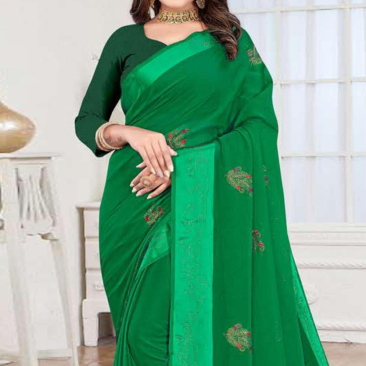 Green Embroidered Chiffon Saree - Peachmode