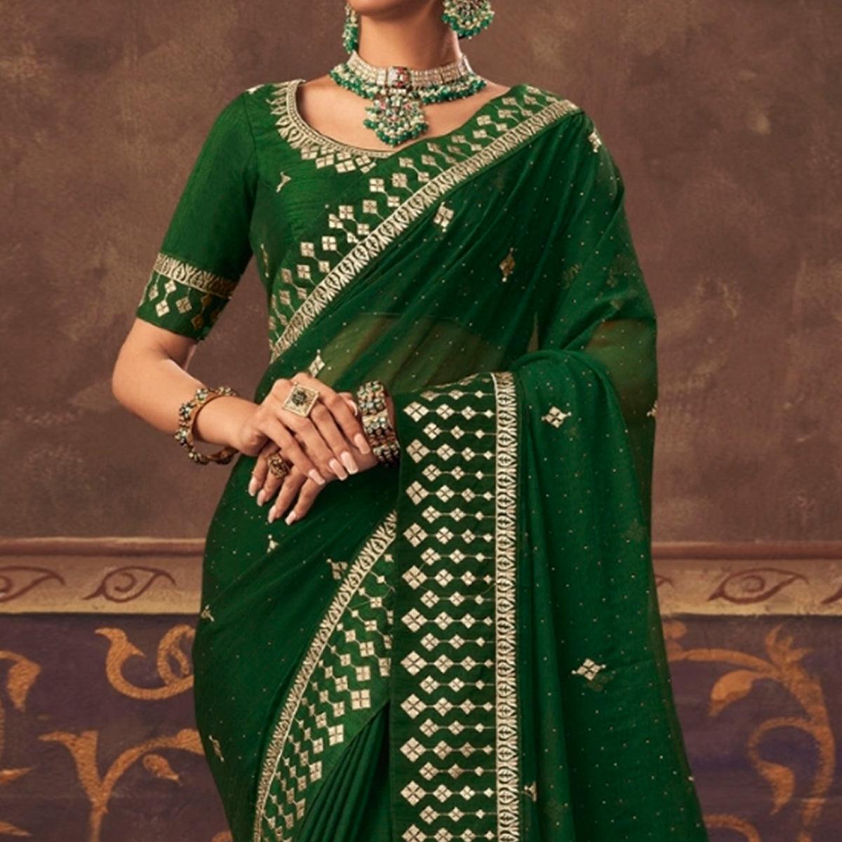 Green Embroidered Chiffon Saree - Peachmode