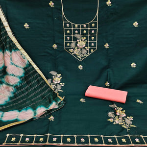 Green Embroidered Cotton Dress Material - Peachmode