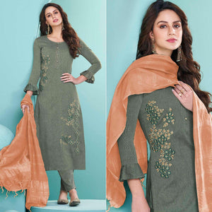 Green Embroidered Cotton Kurti Pant Set With Dupatta - Peachmode