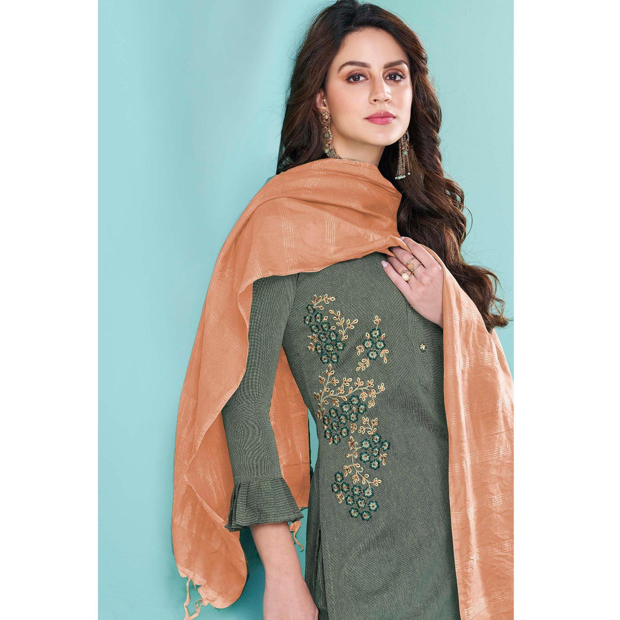 Green Embroidered Cotton Kurti Pant Set With Dupatta - Peachmode