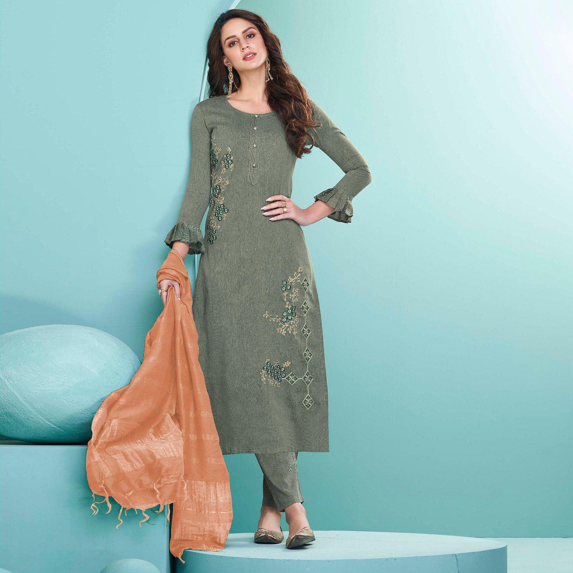 Green Embroidered Cotton Kurti Pant Set With Dupatta - Peachmode