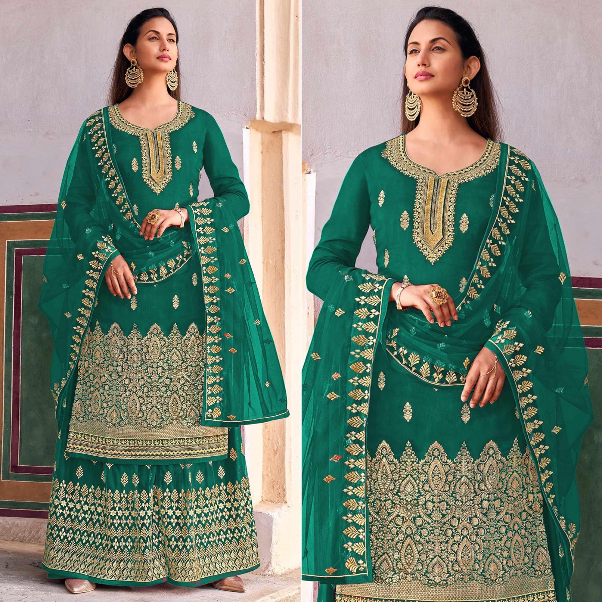 Green Embroidered Dola Silk Palazzo Suit - Peachmode