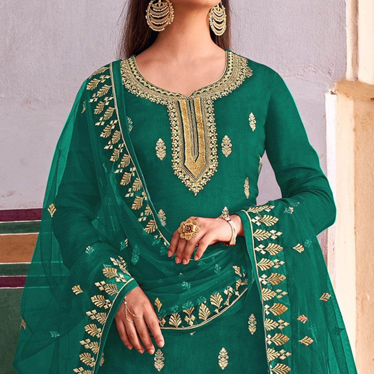 Green Embroidered Dola Silk Palazzo Suit - Peachmode