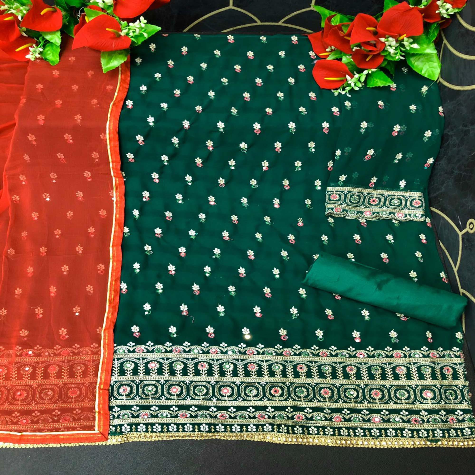 Green Embroidered Faux Georgette Partywear Patiyala Suit - Peachmode