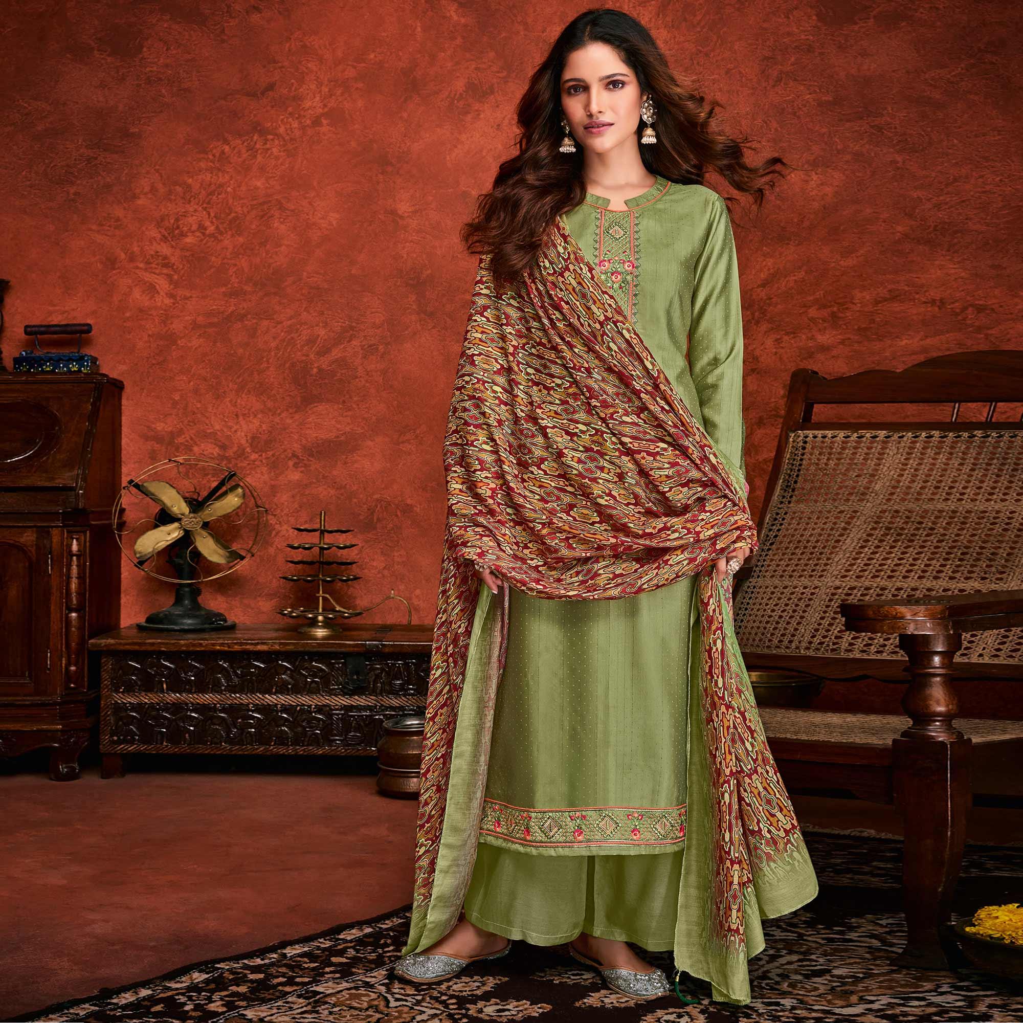 Green Embroidered Fiona Silk Partywear Suit - Peachmode