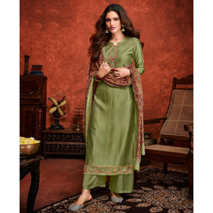 Green Embroidered Fiona Silk Partywear Suit - Peachmode