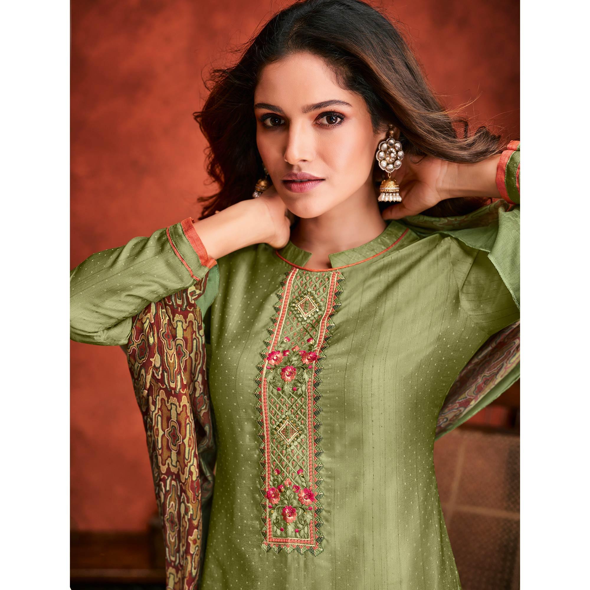 Green Embroidered Fiona Silk Partywear Suit - Peachmode