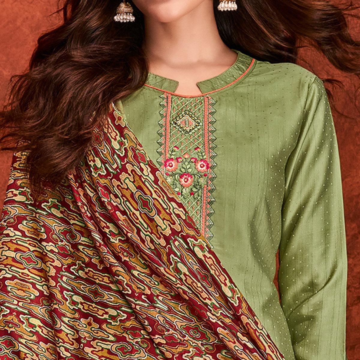 Green Embroidered Fiona Silk Partywear Suit - Peachmode