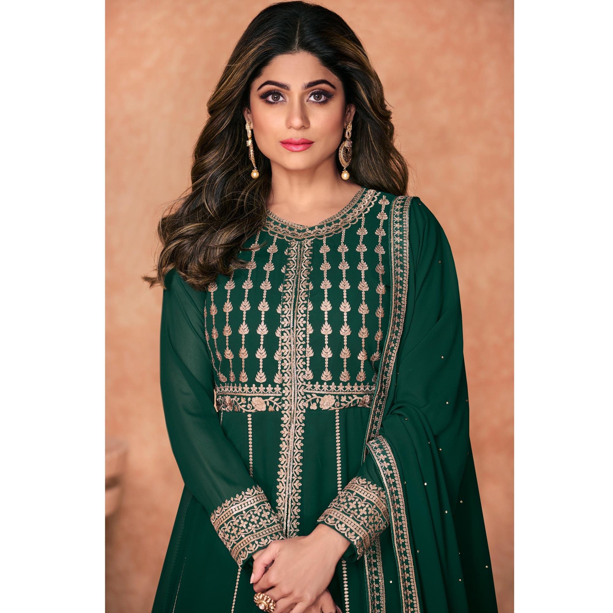 Green Embroidered Georgette Anarkali Style Gown - Peachmode