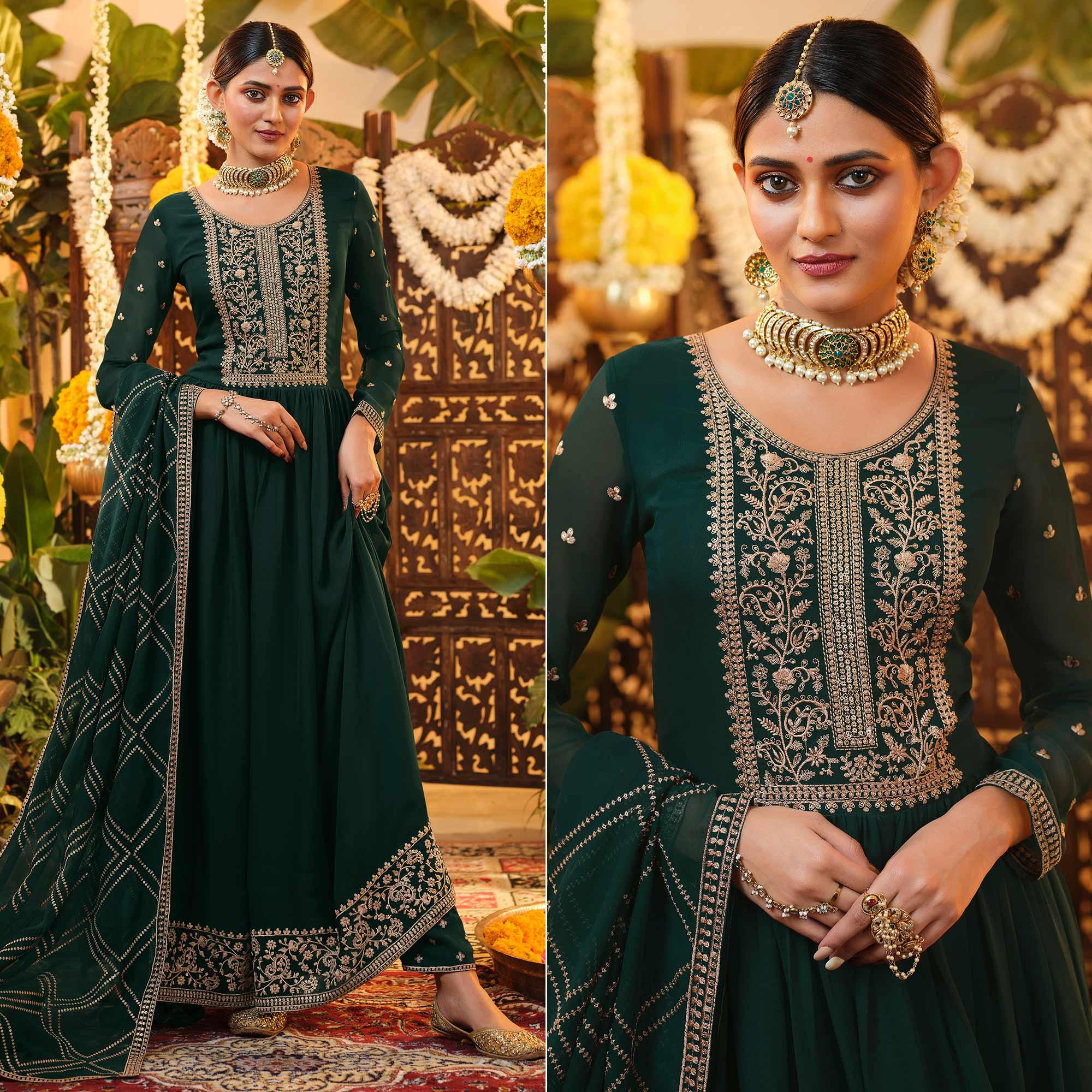 Green Embroidered Georgette Anarkali Suit - Peachmode