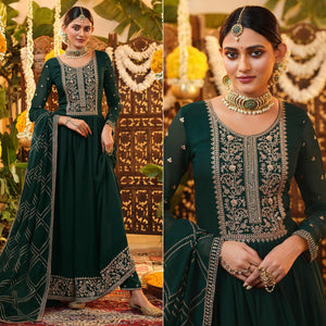 Green Embroidered Georgette Anarkali Suit - Peachmode