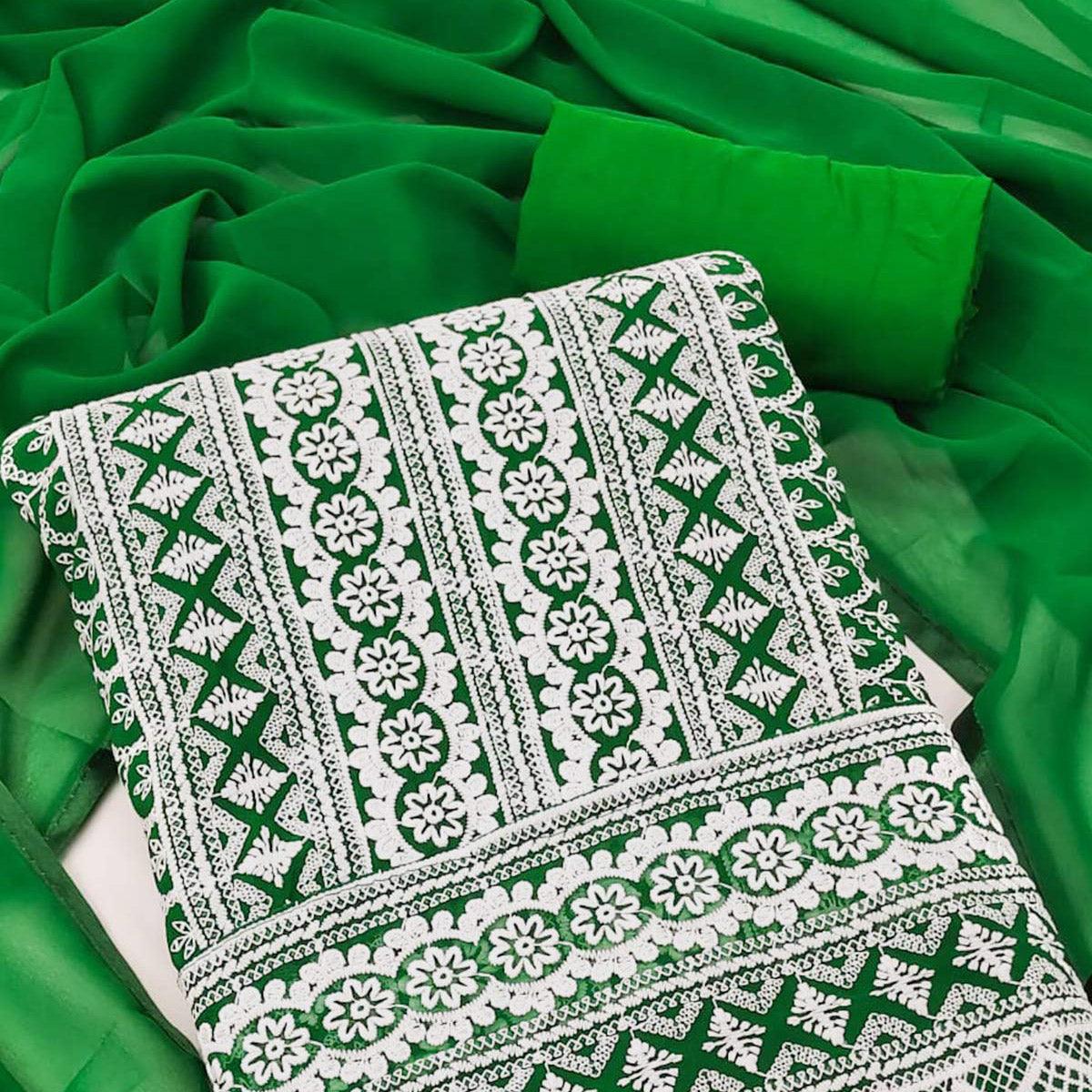 Green Embroidered Georgette Dress Material - Peachmode
