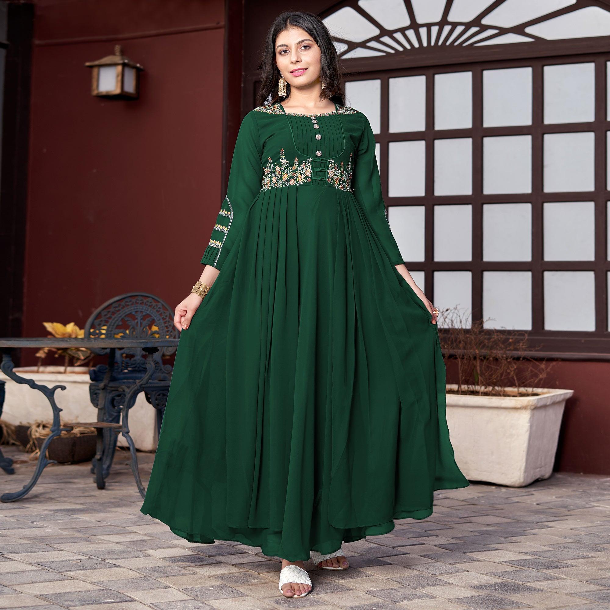 Green Embroidered Georgette Gown - Peachmode