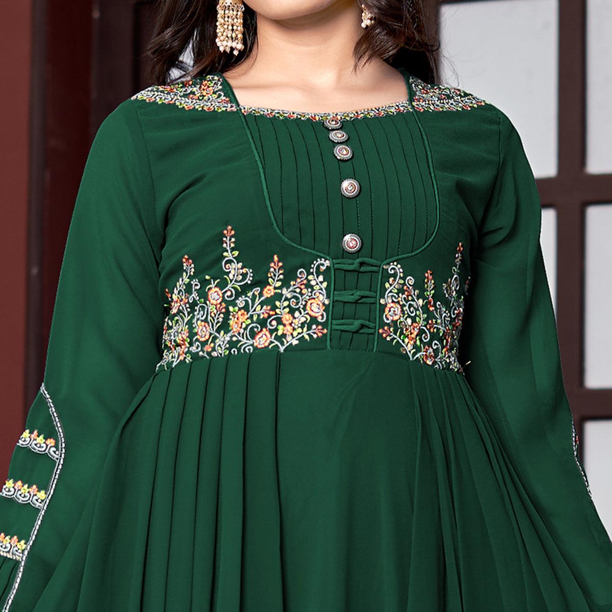 Green Embroidered Georgette Gown - Peachmode
