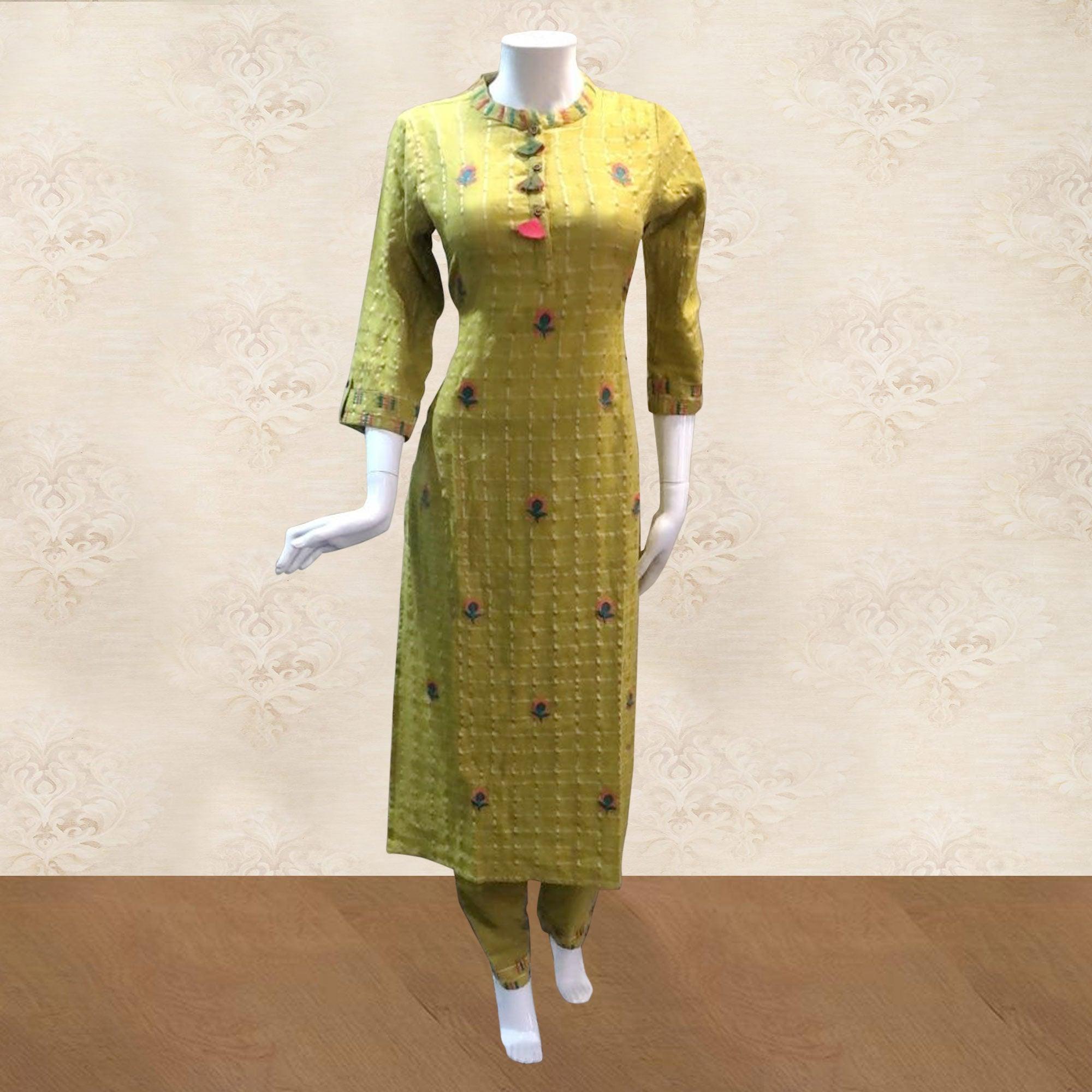 Green Embroidered Georgette Kurti-Pant Set - Peachmode